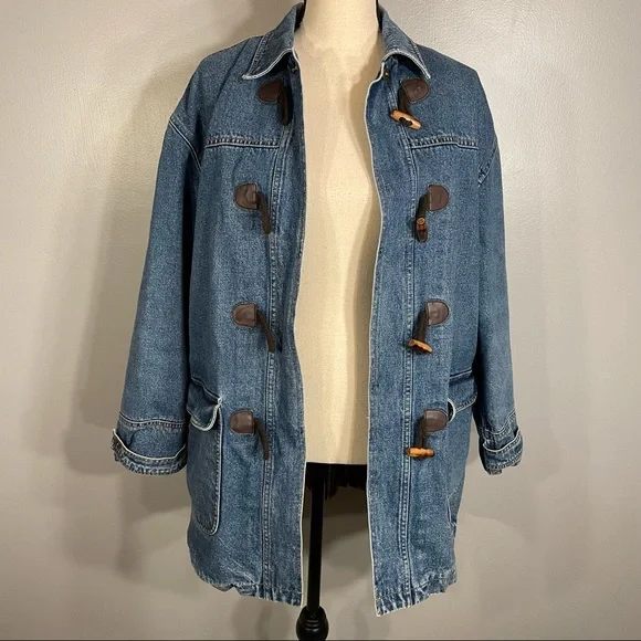 Vintage Liz Claiborne Toggle Heavy Plaid Lined 100% Cotton Jean Jacket Coat Sz M - Picture 6 of 16